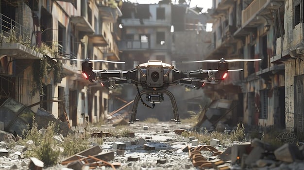 drone-under-destroyed-city Дрон над заминированным городом