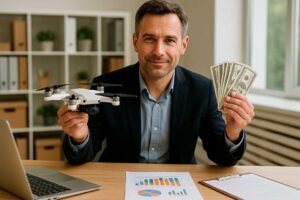 biznes-na-dronakh-kommercheskie-uslugi-i-pribyl Мужчина в офисе хочет стать пилотом дрона с дроном в одной руке и долларами в другой, на столе ноутбук и бизнес-отчёты.