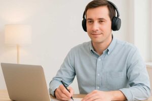 format-obucheniya-individualno-udalenno-gibko Мужчина обучается онлайн: наушники, ноутбук и блокнот на столе в светлой комнате.