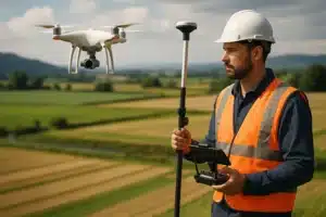 obuchenie-aerogeodezii-s-dronom Фахівець з аерогеодезії керує дроном над сільською місцевістю, проводячи зйомку з геодезичним обладнанням.
