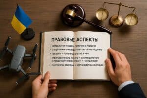 pravovye-aspekty-polety-dronov-ukraina Фотореалистичное изображение юридических аспектов использования дронов в Украине, с книгой, дроном, флагом Украины и символами права.