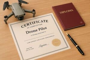 rezultat-obucheniya-sertifikat-pilota-drone Сертификат пилота дрона, дрон, диплом и ручка на деревянной поверхности.