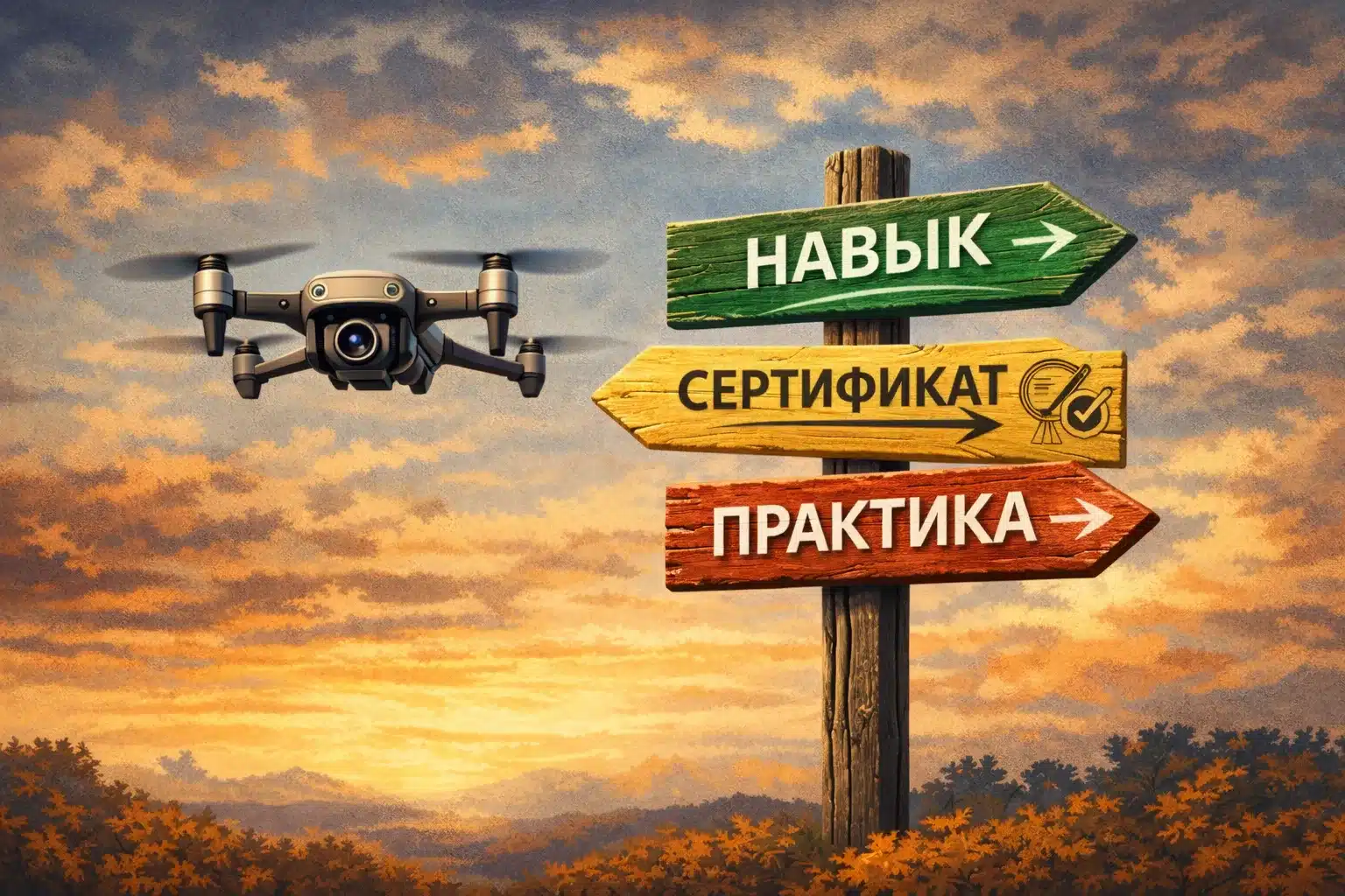 Дрон на фоне дорожных указателей, символизирующих выбор курсов пилота дрона