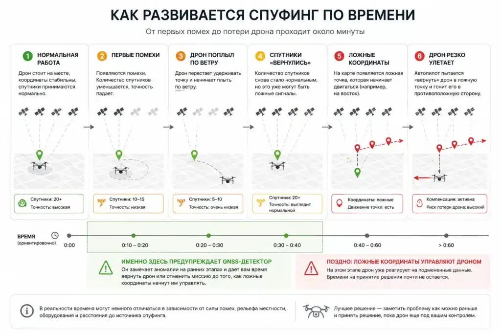Схема развития GNSS-спуфинга дрона: от первых помех до ложных координат и ухода дрона