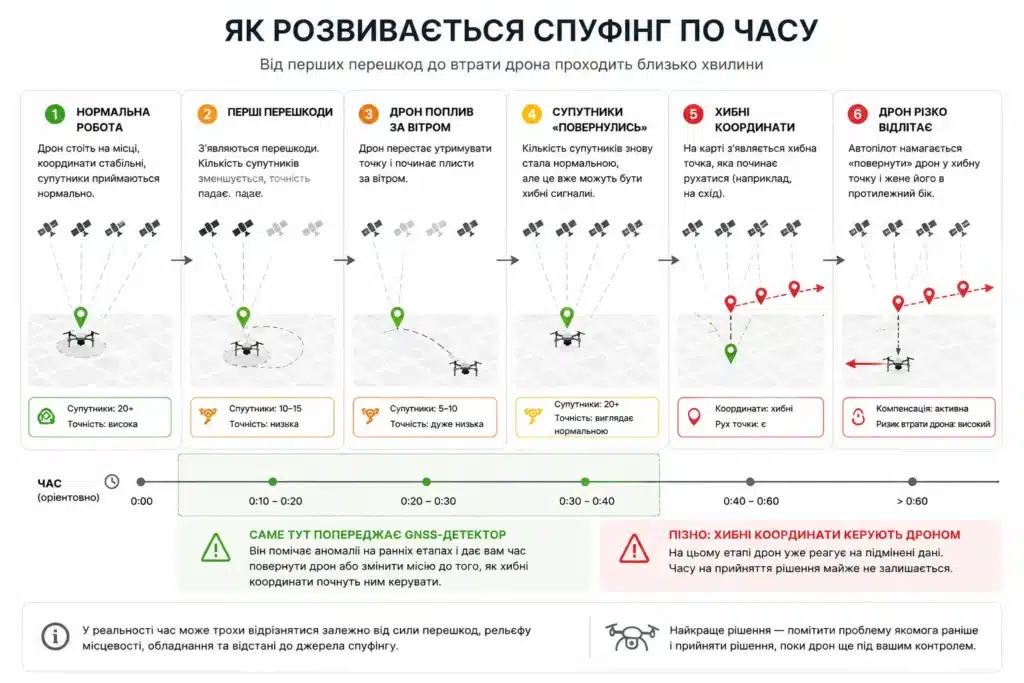 Схема розвитку GNSS-спуфінгу дрона: від перших перешкод до хибних координат і відльоту дрона