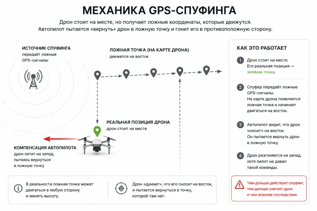Механика GPS-спуфинга: ложные координаты заставляют дрон лететь в противоположную сторону