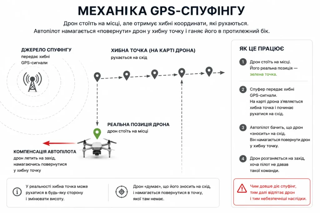 Механіка GPS-спуфінгу: хибні координати змушують дрон летіти у протилежний бік